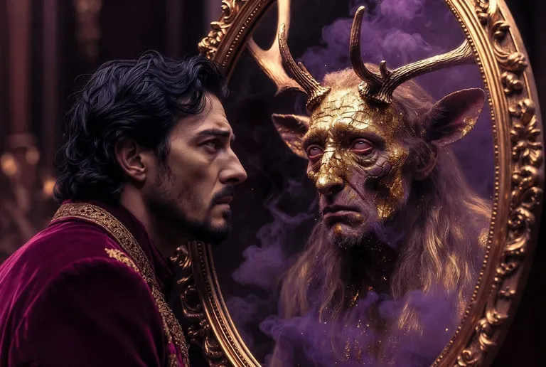 Un hombre de perfil frente a un espejo dorado; el reflejo que le devuelve la mirada no es él, sino una criatura con cuernos de ciervo y el rostro agrietado en oro
