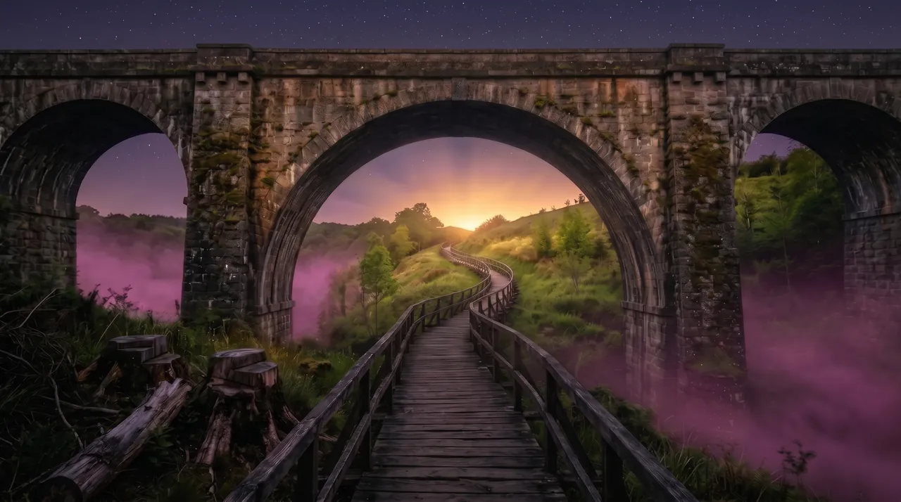 Un viaducto de piedra y, cruzándolo, una pasarela de madera que asciende hacia el amanecer